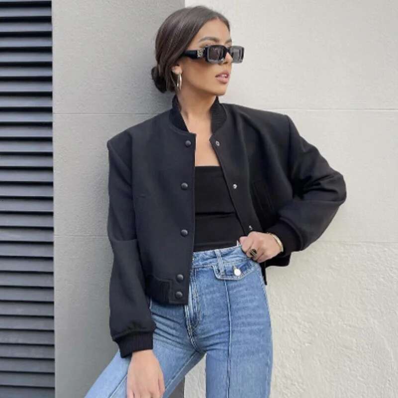 TRAF Women's Bomber Jacket Crop Black Off White Outerwears Spring 2025 New In Coats Aviator Varsity Button Long Sleeve Coat 066