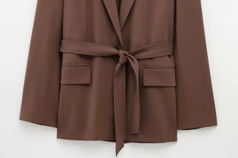 TRAFZA Womens Elegant Loose Set Brown Pocket Belt Sportswear Custom Pants Spring French Romantic 250418