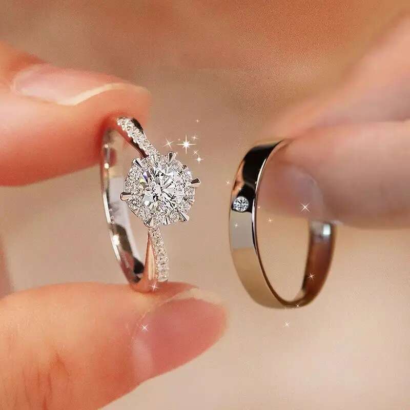 High-End Six-Claw Simulated Diamond Ring for Women, Simple Fashion Style Zircon Couple Rings, Proposal Wedding Open Rings Wholesale