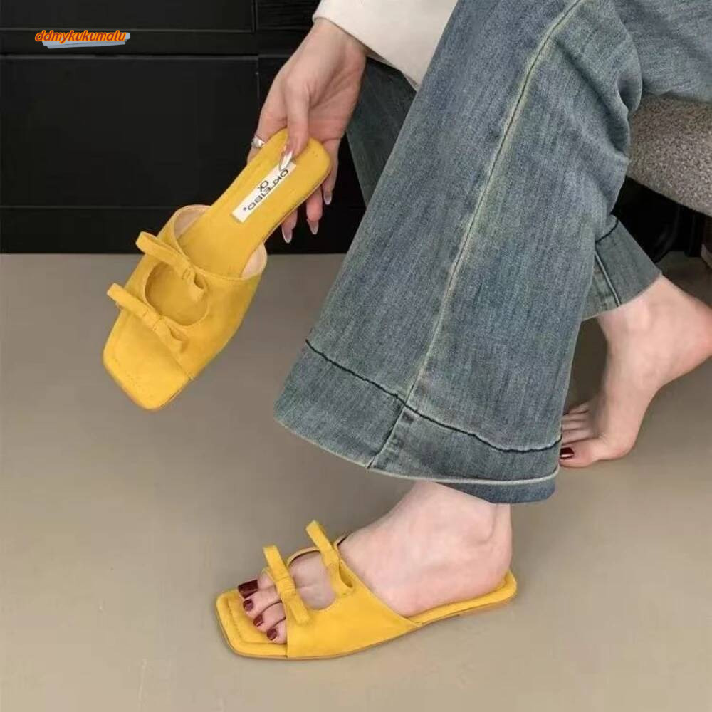 Fashion Butterfly-Knot Ladies Flats Female Square Toe Summer Beach Slides Slippers Sandals Shoes For Women ddmykukumalu