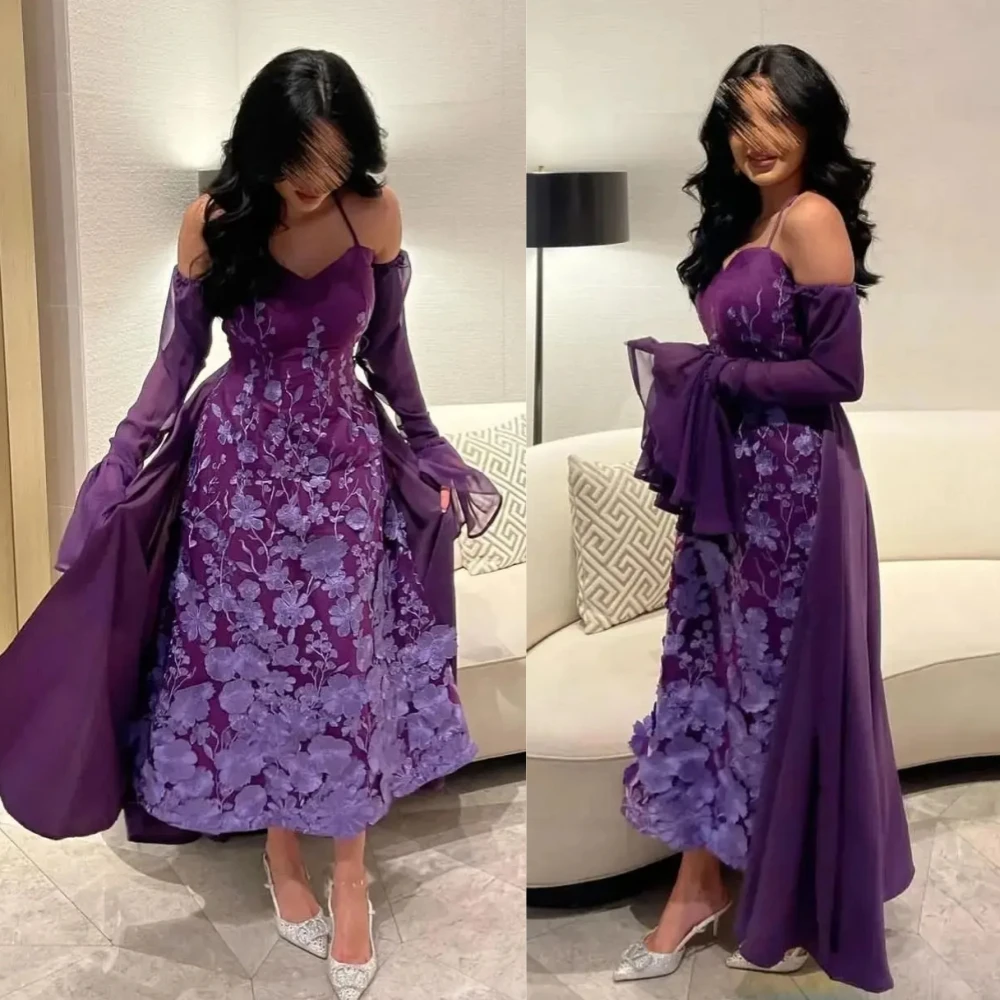 Chic Ankle Length Purple Lace Prom Dresses With Removable Flare Sleeves A-Line Birthday Party Gown 2025 Arabic Dubai Floral Special Occasion Dress