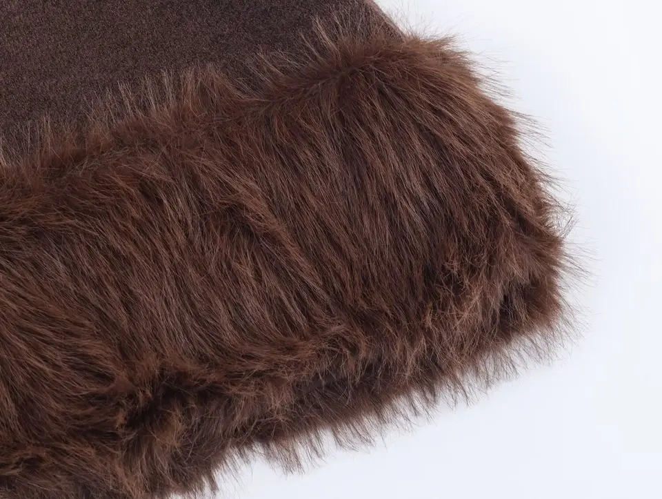 ETJ Womens collection Fashionable Maillard color faux fur patchwork hem round-neck short-sleeved knitted dress 251129