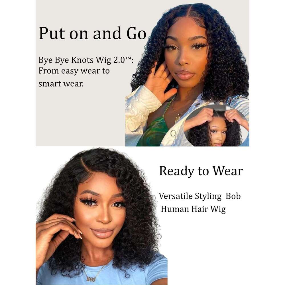 UNICE 10 inch Short Curly Beyond Basics Bob Human Hair Bye Knots Glueless Wigs Plucked Pre Cut 7x5 HD Lace Closure Ready to Go Wig Black Color