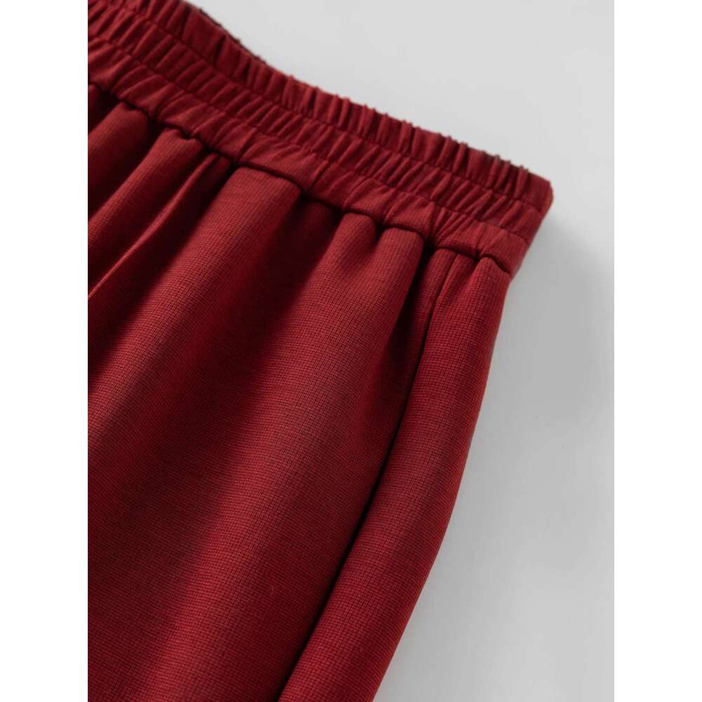 DUSHU Red Pant Casual Sport Style Female Autumn Thick Long Trousers Beige Elastic Waist Straight Pants For Women 24Ds83048