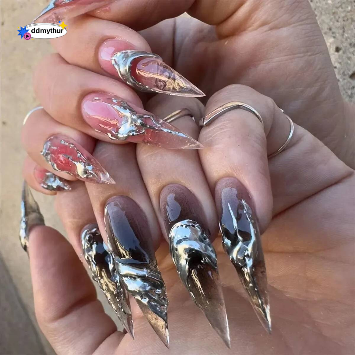 Extra Long Pointed Fake Art Butterfly Pearl Exaggerate Dark Y2K Black Spider Rhinestone False Nail Press on Nails Manicure ddmythur