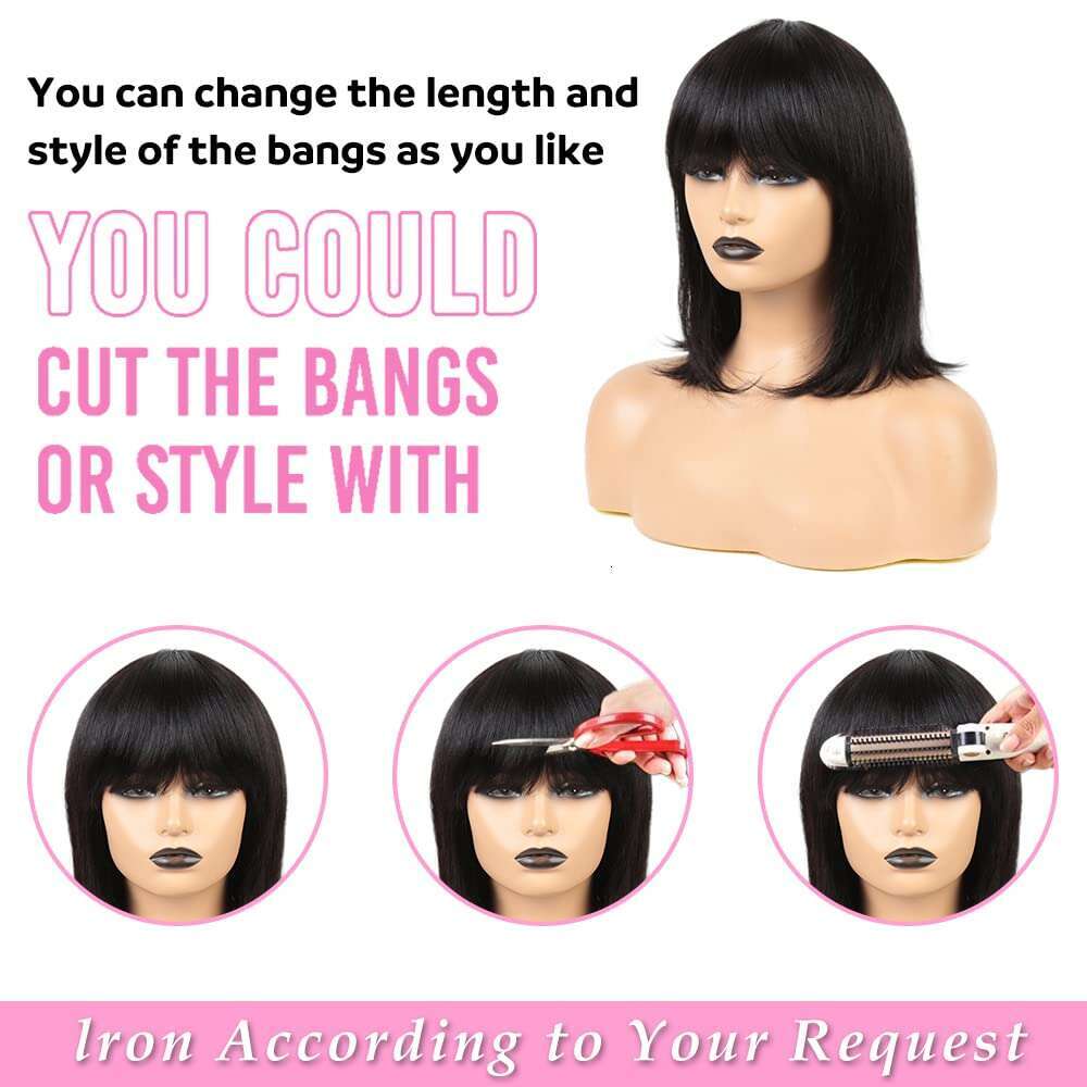 Human 150% Density Short Straight Bob Wig With Bangs None Lace Front Brazilian Hair Wigs (Black, 10inch)