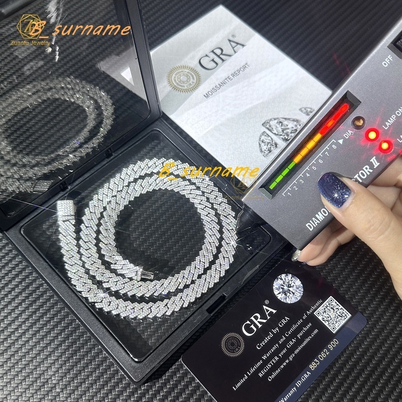 Hot Selling 925 Silver Cuban Link Chain Necklace Iced 2Rows 8-12mm VVS Moissanite Passes Diamond Tester GRA Hip Hop Style