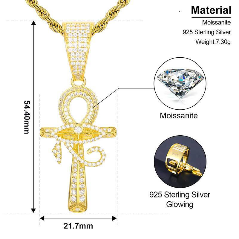 Dropshipping High Quality Bling 925 Sterling Silver VVS Moissanite Diamond Iced Out Evil Eye Ankh Cross Pendant Necklace