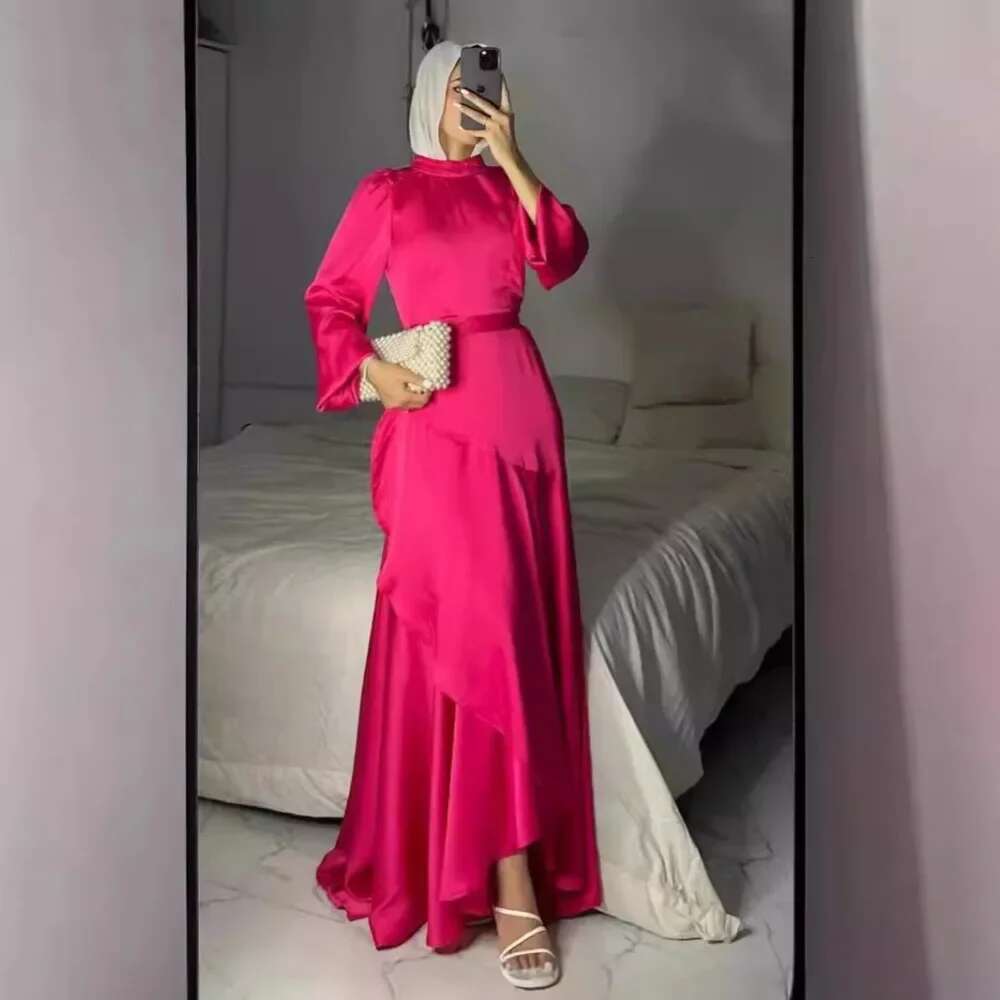 2025 New Fashion Muslim Women's Satin Solid Color Gown With Lace Hem And Belt Large Swing Cross-Border Fashionable Elegant Dress