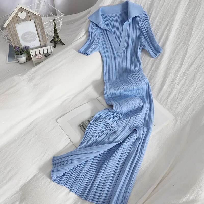 Yuoomuoo Chic Fashion Sexy Package Hips Knitted Summer Women V-Neck Slim Elastic Split Bodycon Dress Steetwear Vestidos
