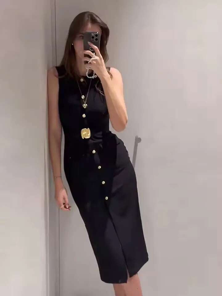 Elegant Single Breasted Black With Belt Summer O-Neck Sleeveless Split Women 2025 New Female Party Dress Office Lady
