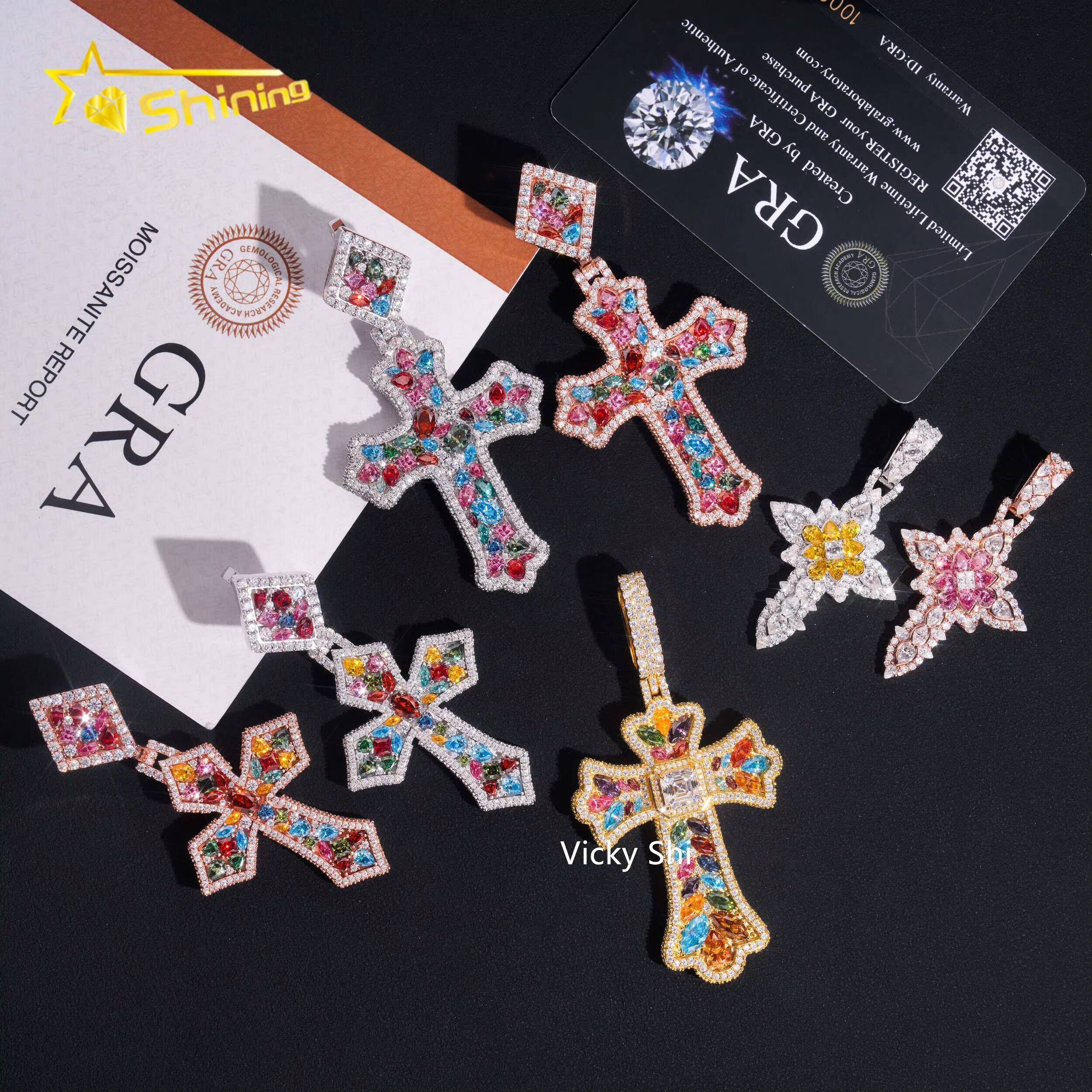 Luxury Multi Color Moissanite Cross Pendants Collection VVS Iced Out Moissanite Pendant Men Hip Hop Charm Pendant Jewelry