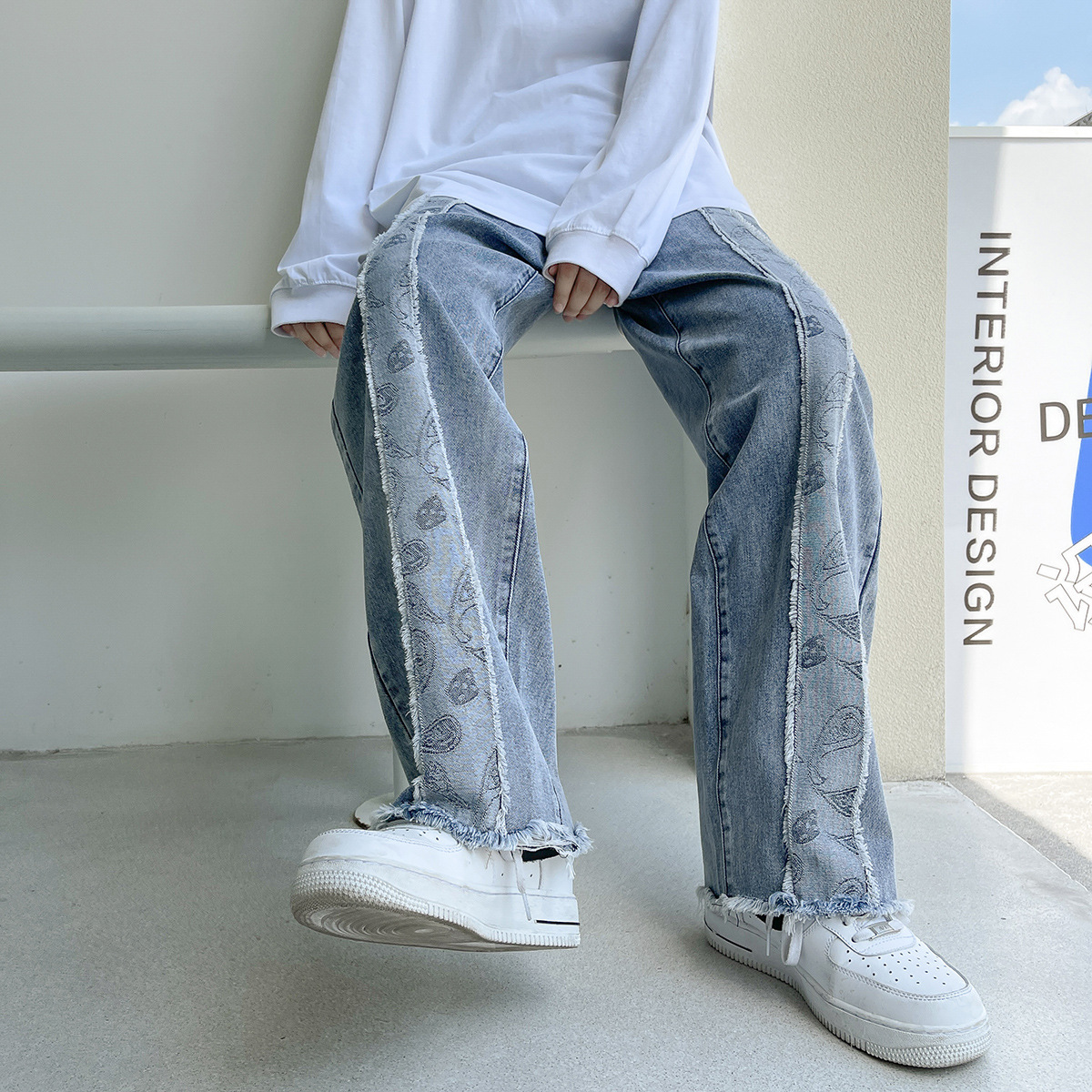 CNLONGBIDA Men's Jeans Denim Men's Contrasting Washed Loose Straight Leg Cashew Flower Color Blocked Denim Pants Trendy