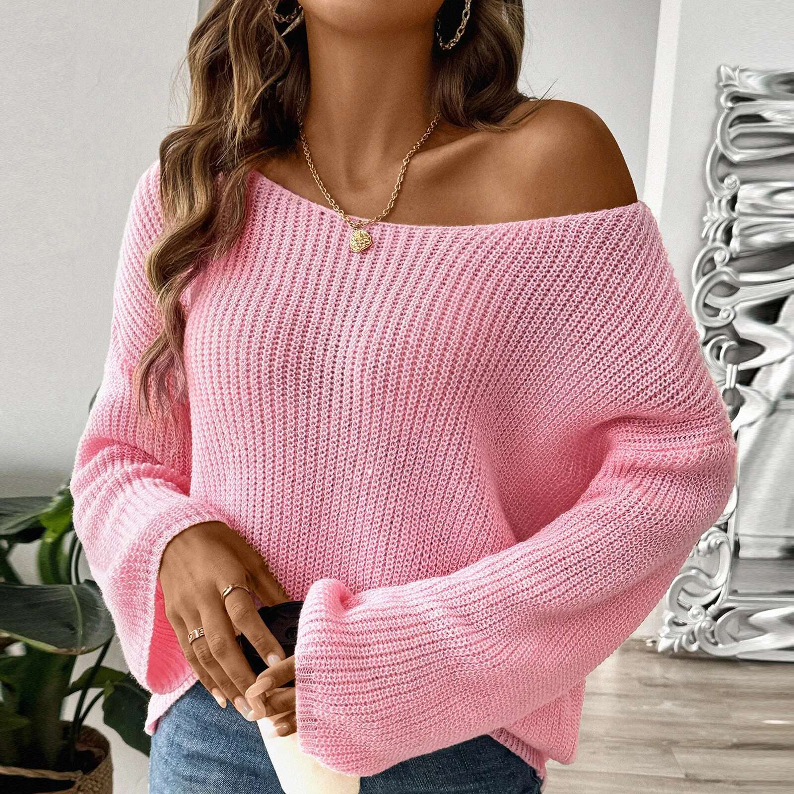 Traf Women'S Pullover Top Loose One Line Neck Off Shoulder Flare Sleeve Sweater Ropa Para Mujer Tops For Women fashion clothing women