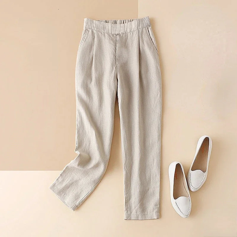 Beige Womens Pants Linen Clothing Elastic Waist Black Trousers for Woman Aesthetic Slacks Chic and Elegant Y2k Streetwear Nylon 250425