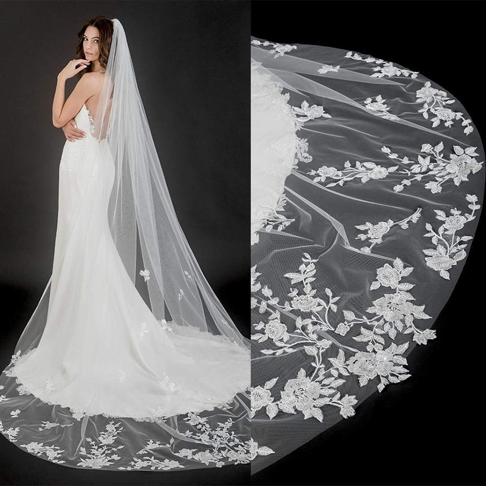 Simple Lace White Ivory Wedding Veil Elegant One Layer Long Chapel Length Veils Applique Edge Customized Bridal Accessories