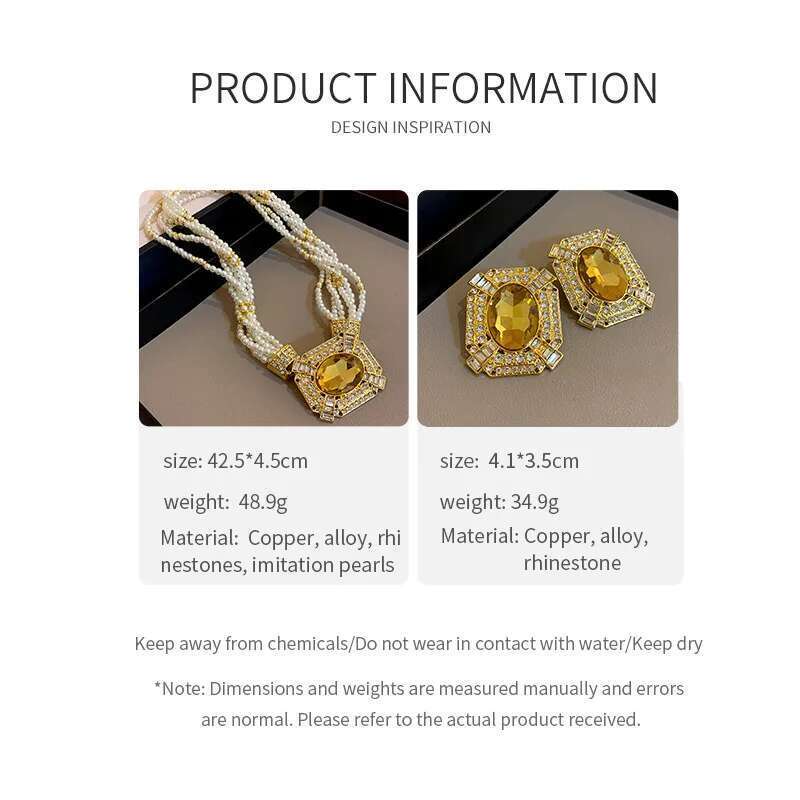 Square Rhinestone Pearl Pendant Necklaces Occidental Heavy Industry Court Style Niche Temperament Collarbone Chains Jewelry Sets