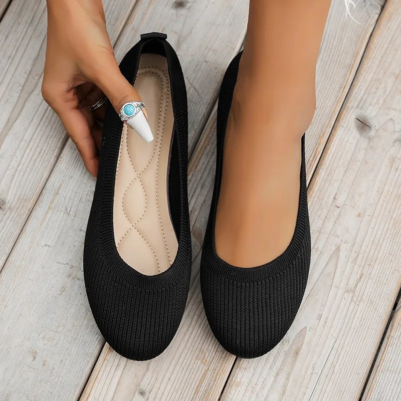 Spring Autumn Casual Shoes For Women Slip-on Pump Knit Single Flat Shoes Breathable Round Toe Ladies Cloth Loafers Large Sized 250421
