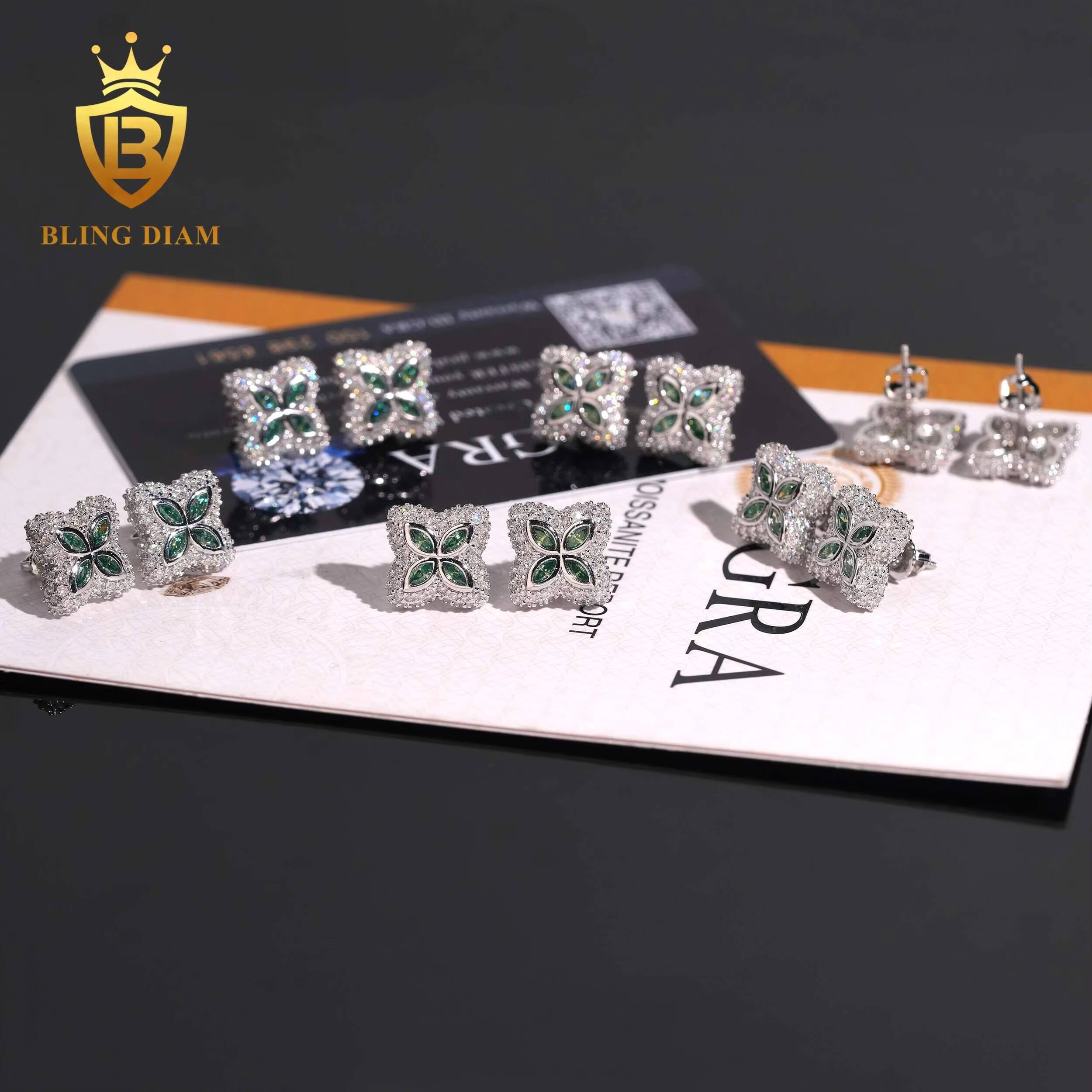 Hot Sale Fashion HipHop Olive Green Moissanite Four-Leaf Clover-Shaped Earring 15mm Diamond Earrings 925 Sterling Silver Earring