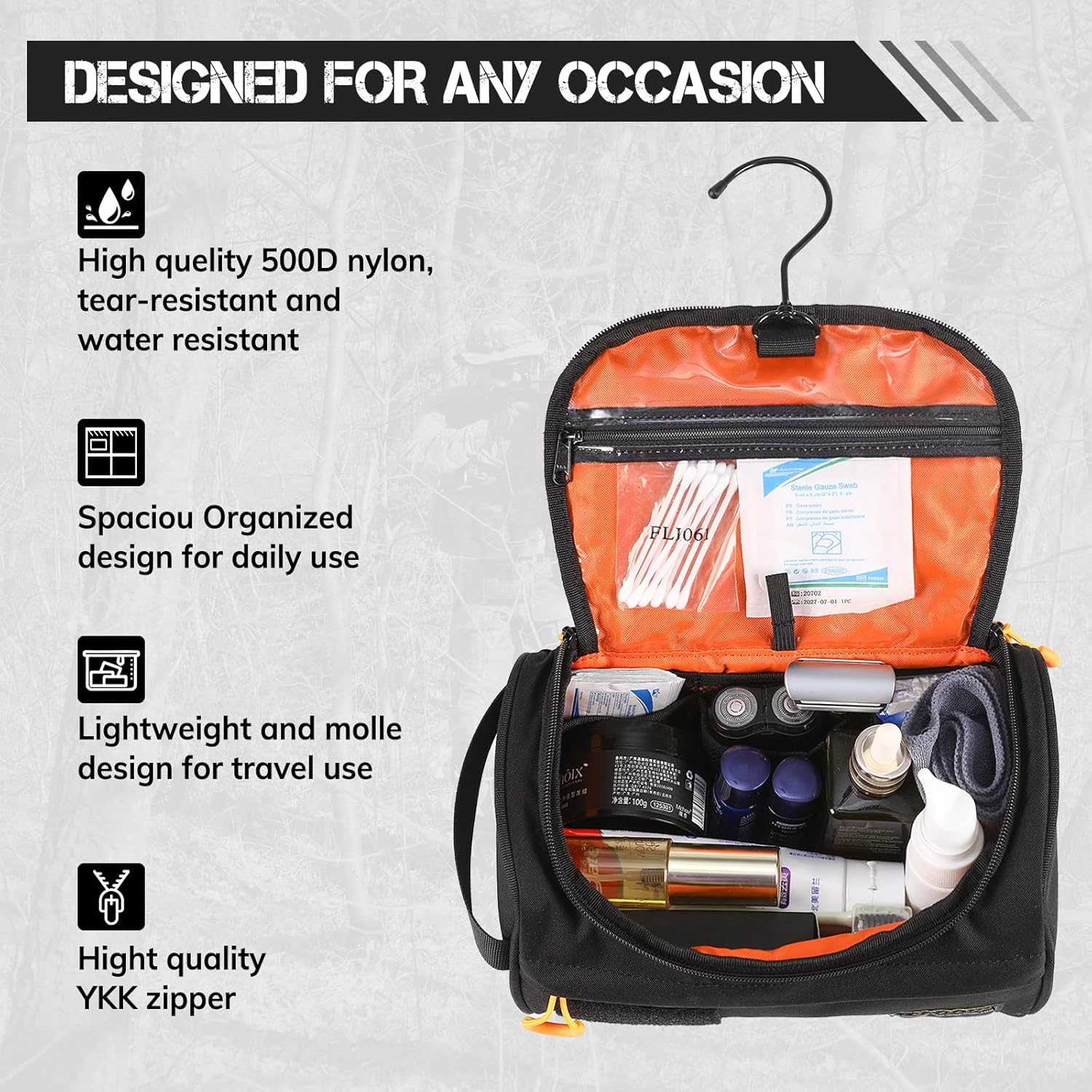 VOTAGOO Toiletry Bag for Men 500D Nylon Waterproof Tactical Shower Bag with Hanging Hook, Dry Wet Separation for Travel, Camping, Hunting, Outdoor Ess