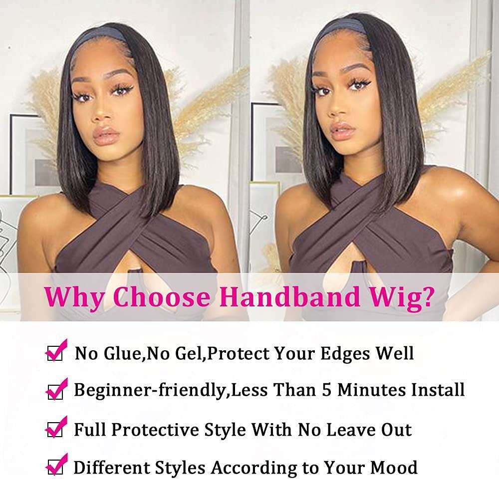 AISI Human Hair Bob Headband for Black Women Easy Put On and Go Glueless Short Straight Wigs hine Made 150% Density No Lace Wig Natural Color(10 Inch)