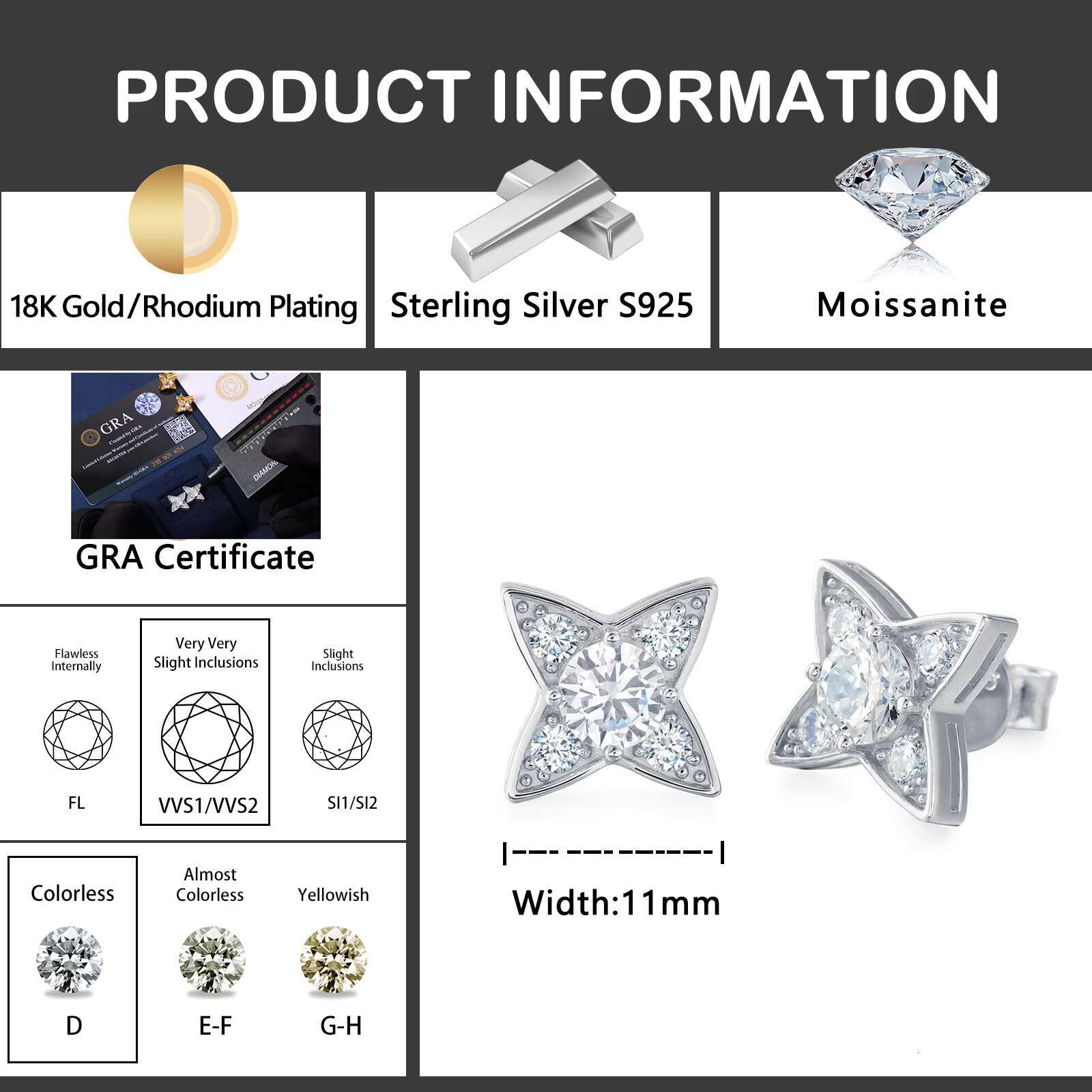 High Quality 925 Sterling Silver VVS D Moissanite Diamond Stud Earrings New Design Four-Pointed Star Hip Hop Jewelry Gold Gift