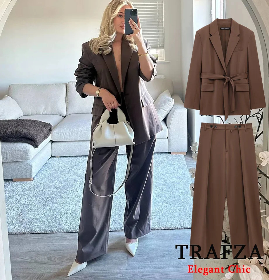 TRAFZA Womens Elegant Loose Set Brown Pocket Belt Sportswear Custom Pants Spring French Romantic 250418