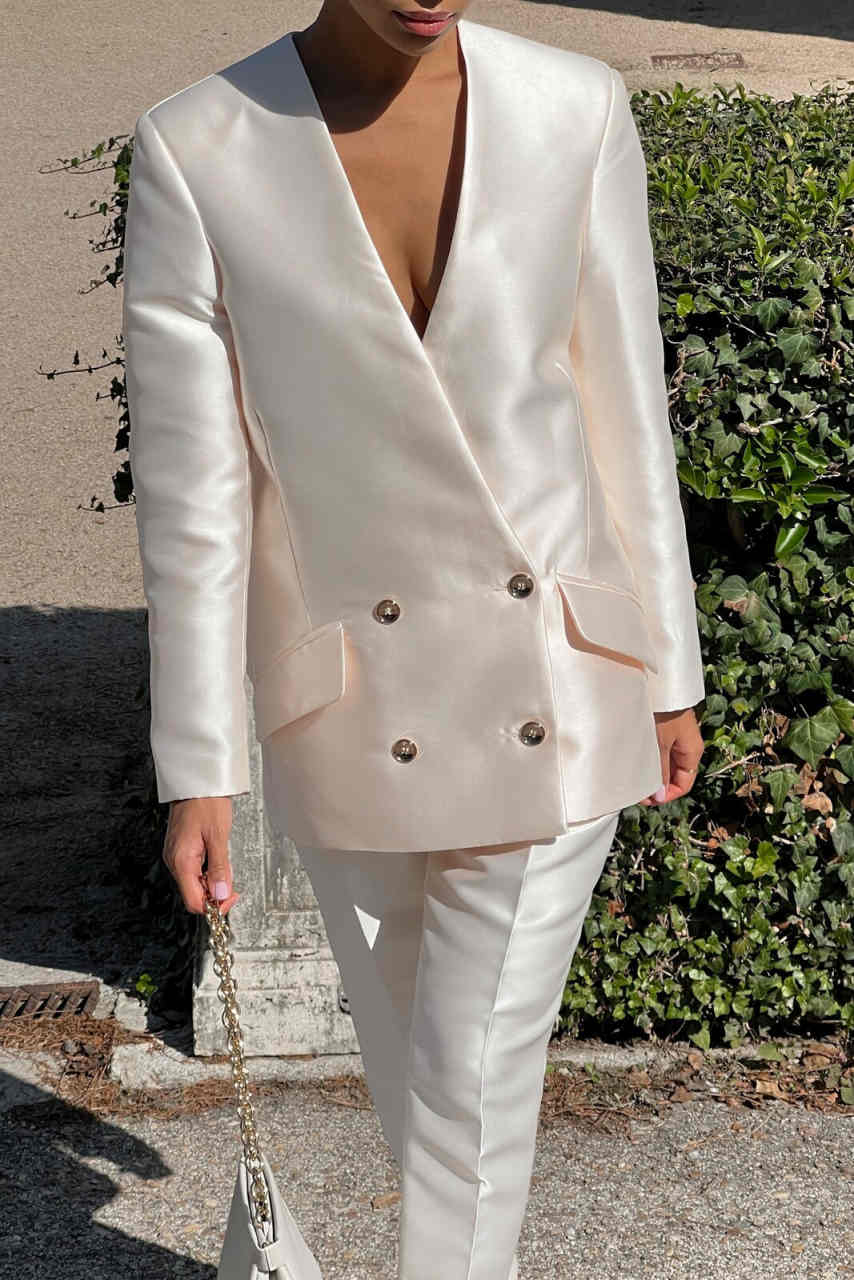 Satin Women Pants Suits 2 Pieces Double Breasted V Neck Ladies Wear Blazer Prom Birthday Party Customized Jacket Sets