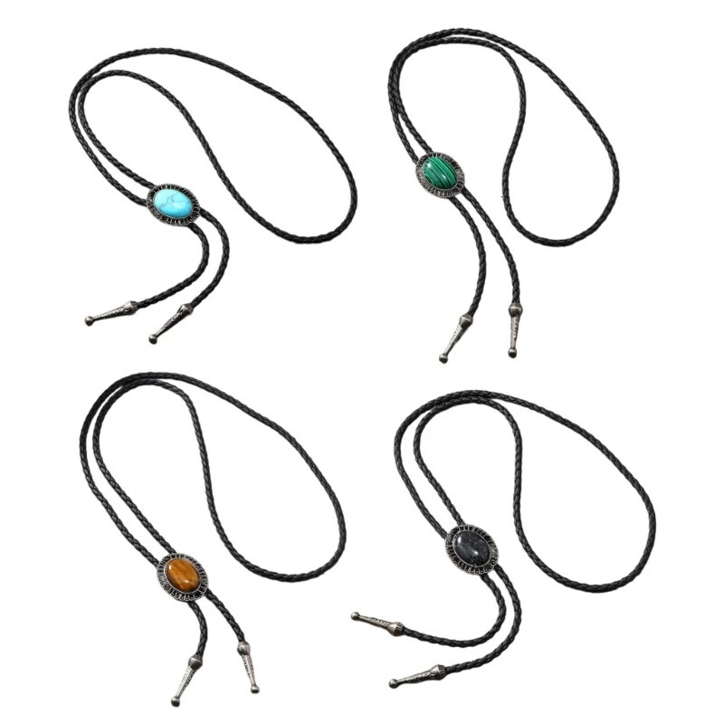 Vintage Gem Stone Cowboy Hat Bolo Tie Western Punk Faux Leather Rope Necktie Jewelry Shirt Chain Necklace for Men Women 250430