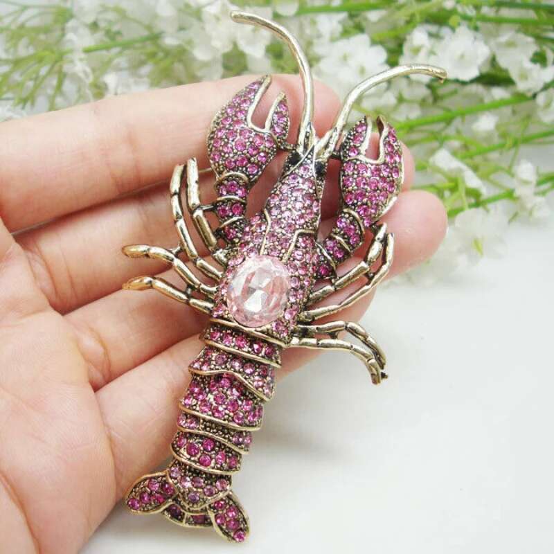 Pretty Pink Lobster Art Nouveau Brooch Pin Rhinestone Crystal Party Corsage