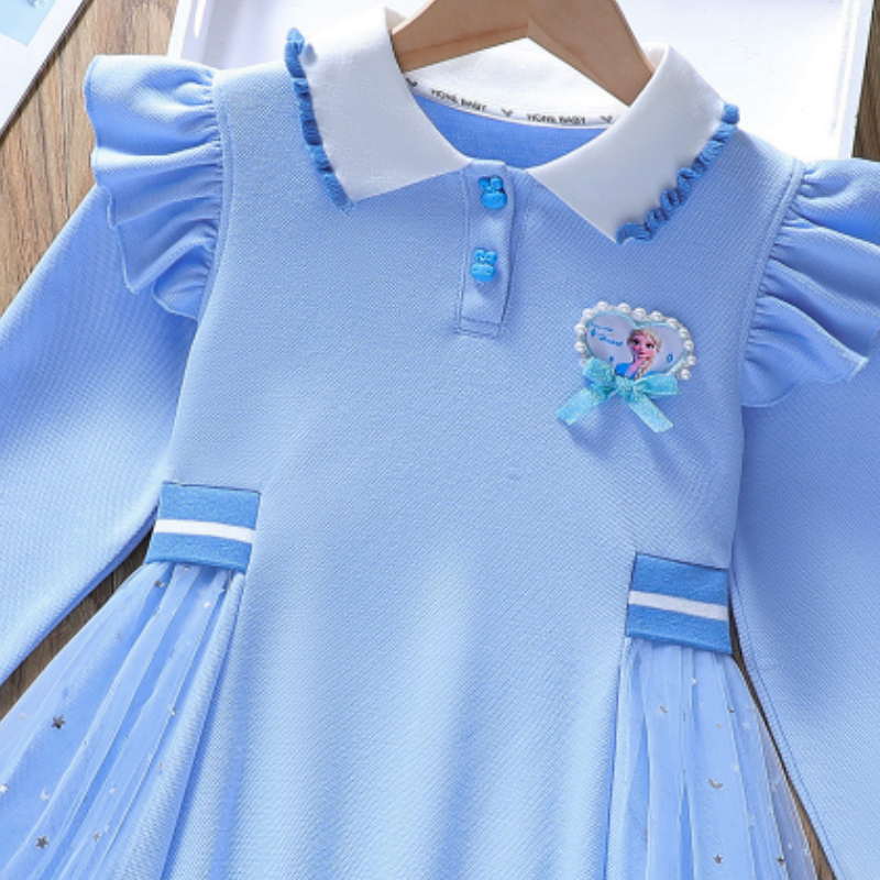 DISNEY Frozen girls' autumn and spring polo dress children's long-sleeved princess dress baby Elsa polo dress.