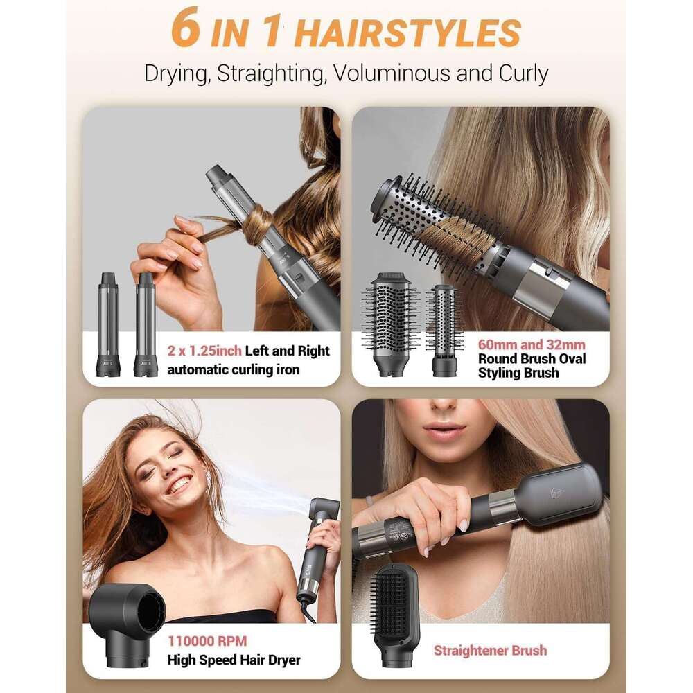 IBAYS 6 in 1 Professional Hot Air Styler, 110,000 RPM High-Speed Negative Ionic Hair Dryer, Auto Wrap Curler Frizz-Free Blow Dryer Brush for
