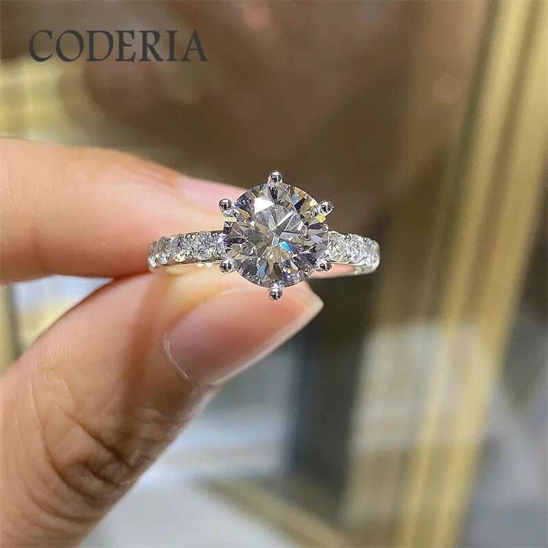 Luxury 3 Carat Moissanite Six Prong Wedding Ring Pass Diamond Test Plated 18K White Gold Women Band 925 Sterling Silver Rings