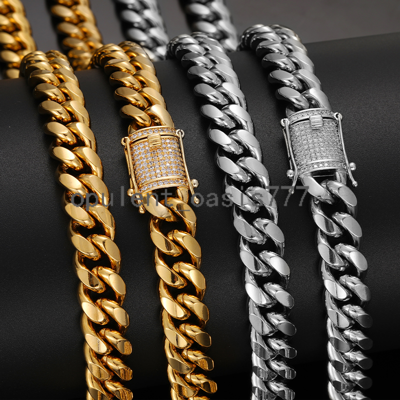Fashion Mens 8-14mm Iced Out Cuban Necklace Luxury 18K PVD Gold Plated Stainless Steel Hip Hop Jewelry Miami Cuban Link Chain
