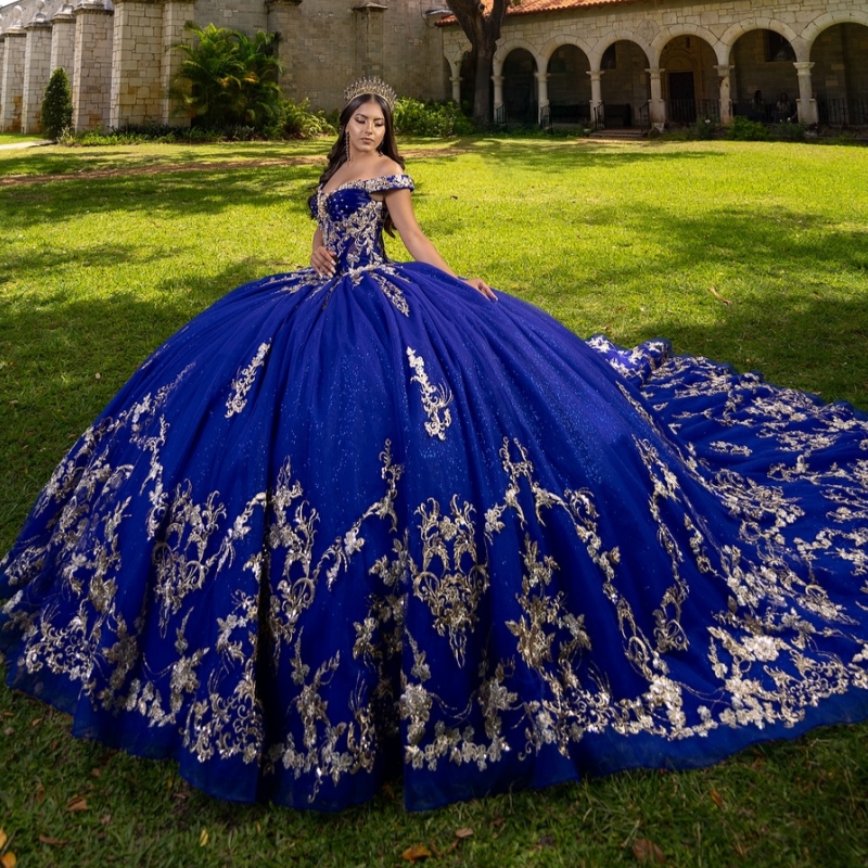 Royal Blue Princess Quinceanera Dresses Off Shoulder Applique Lace Beads Tull Sweet 16 Dress Ball Gown Vestidos 15 Anos