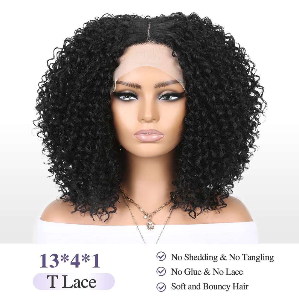 WIGER 15 inch Short Bob Lace Front 13X4X1 T Middle Part Afro Kinky Wigs Natural Synthetic Curly Wig For Black Women