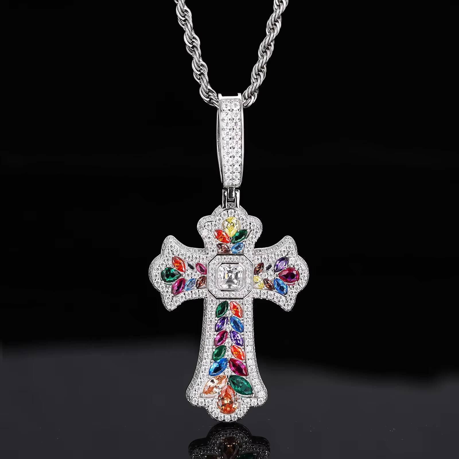 European American Hip-Hop Retro Joker Necklace Gold Plated Wheat Cross Pendant Colored Gemstone Wholesale Jewelry Accessories