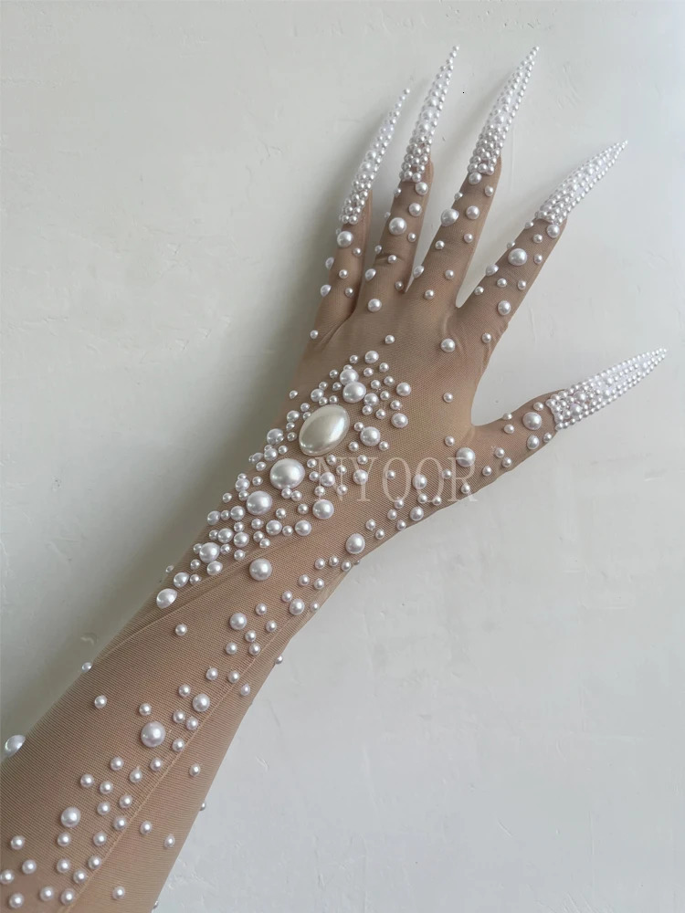 White Pearls Women Gloves Evening Party Club Wear Drag Queen Show Sing Dance Stage Performance Costume Poshoot Gloves 250420