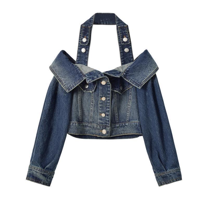 Halter Slash Neck Off Shoulder Denim Jackets Autumn Grunge All Match Ins Y2k Chaqueta Streetwear Trendy Women Jeans Cropped Coat 240807