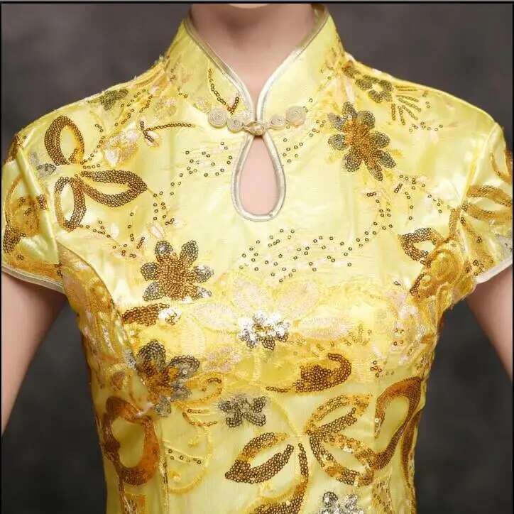 Chinese Traditional Dress Long Chipao Sequin Gold Cheongsam Women Host Stage Oriental