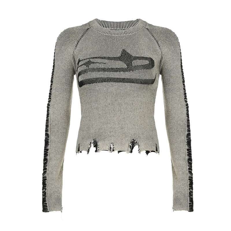 CIBBAR Vintage Ripped ed Sweater Pullovers Haruku Print Full Sleeve Jumpers for Women Autumn spring Knitwears Streetwear fashion clothing women