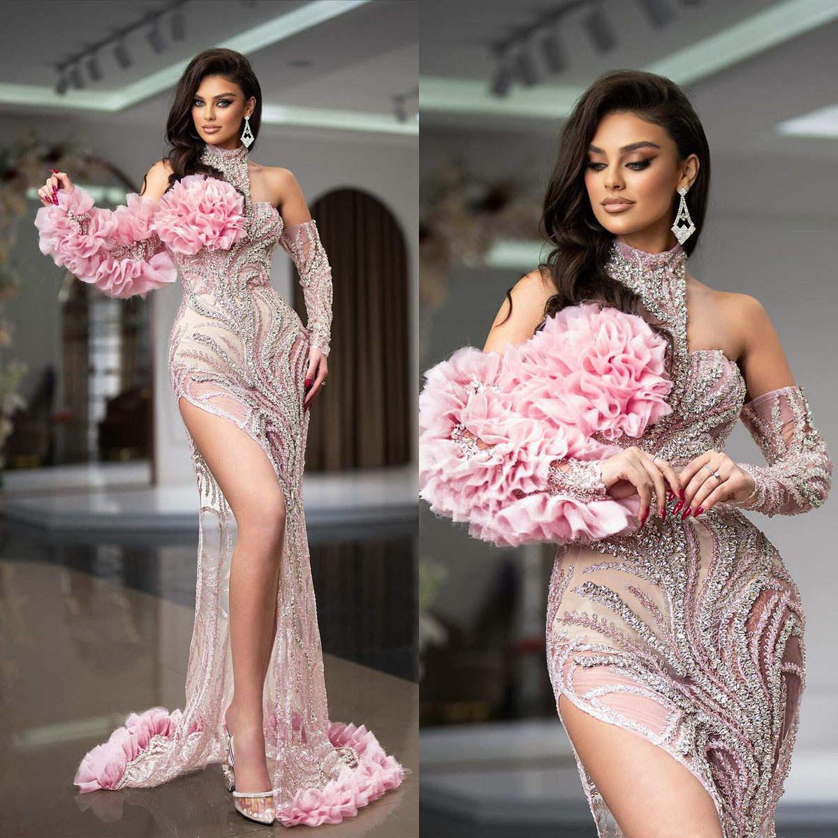 Luxurious High Neck Ruffles Prom Dresses Sexy Sequined Beading Evening Dress Customized Side High Silt Celebrity Party Gown