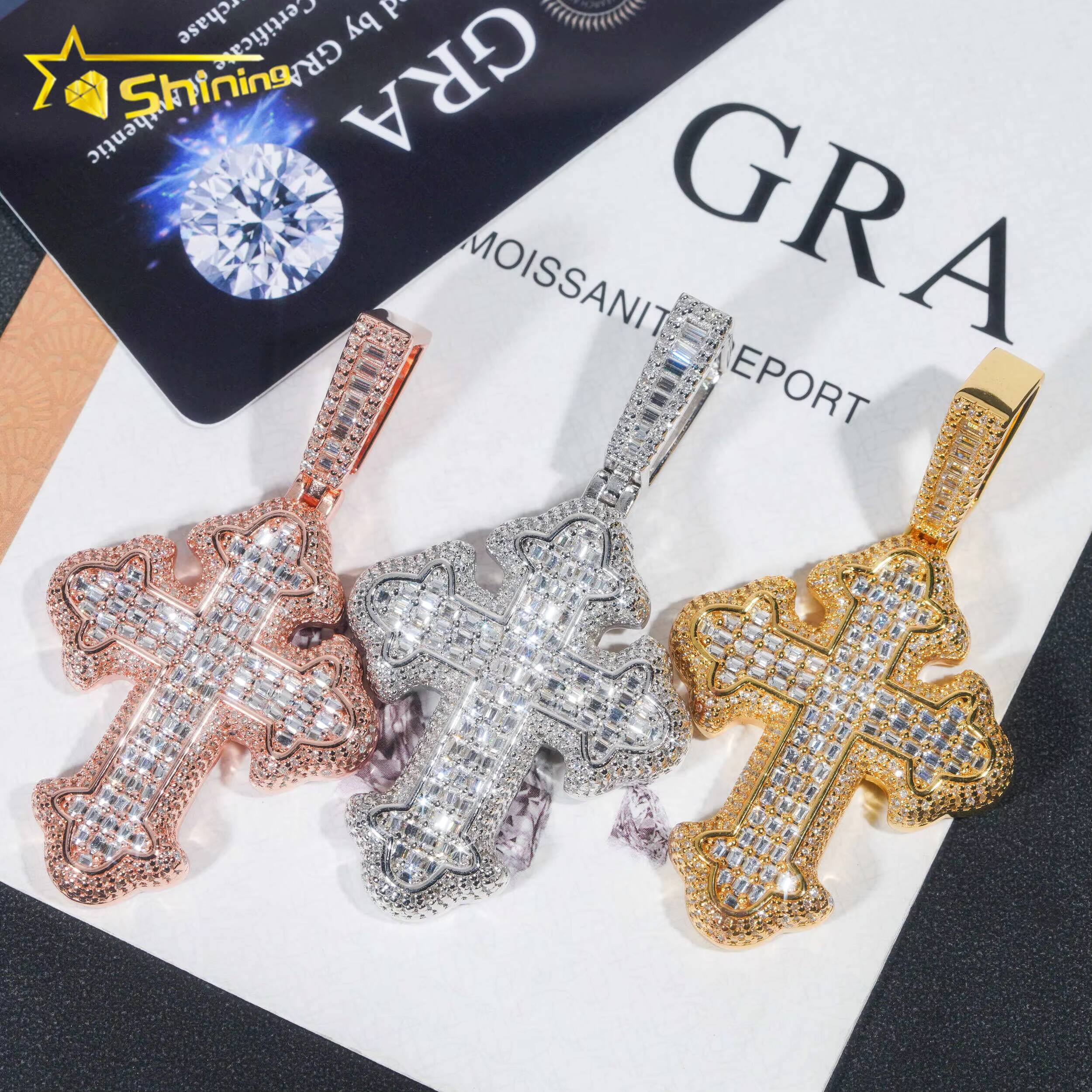 New Design Hip Hop Style Baguette Diamond Luxury 925 Silver Moissanite Cross Pendant