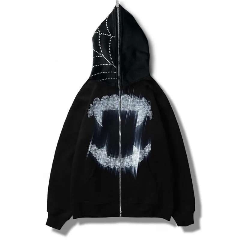 Grunge Full Zip Up Y2k Rhinestone Tooth Spider Web Pattern Hoodies Oversized Goth Hoodie Men's Haruku Punk Sweatshirt Jacket fashion clothing wom