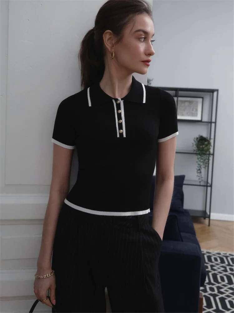 Knit Sweater Women Short Sleeve Patchwork Slim Lapel Elegant Contrast Knitwear Top Female Skinny Ribbed Pullover fashion clothing women