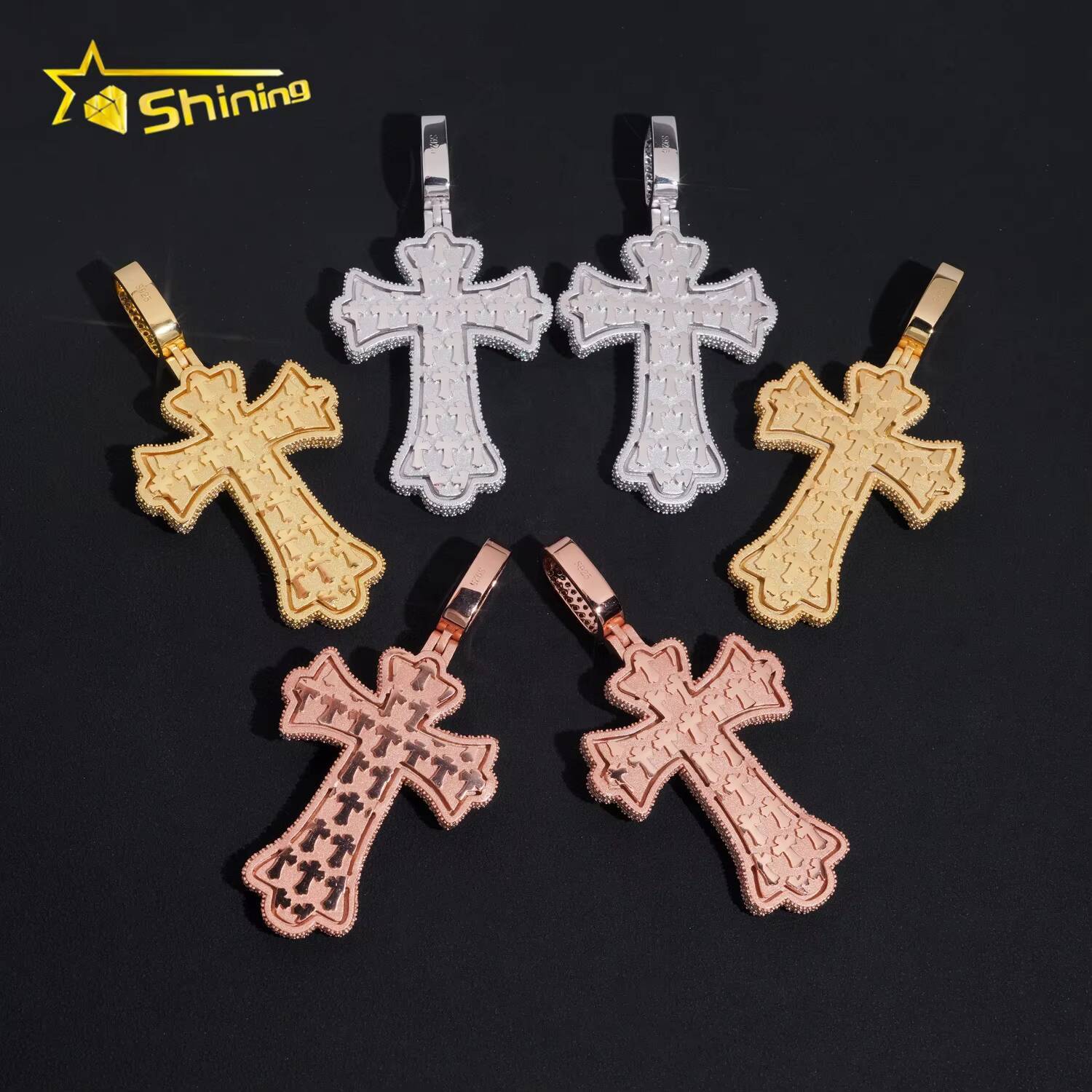 New Arrival Fancy Shape Custom Iced Out Multi Color 925 Silver Cross Diamond Moissanite Pendant