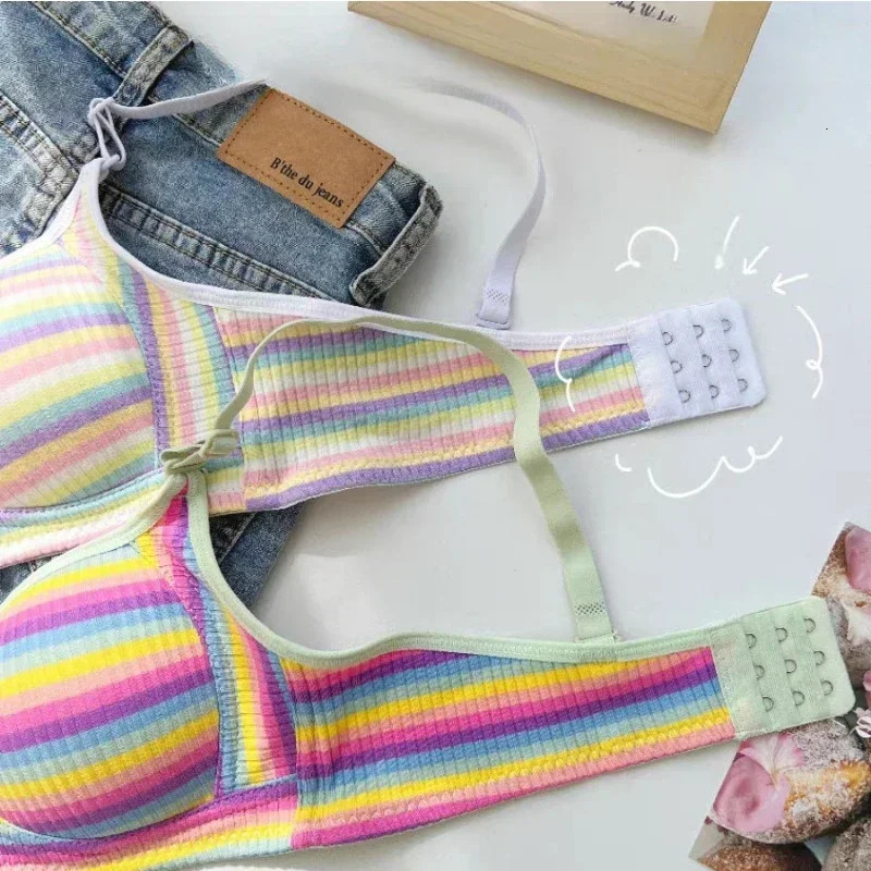 Dopamine Girl Rainbow Stripe Colorful Small Chest Stainless Steel Ring Underwear Back Bra High Impact Sports Plus Size 250430