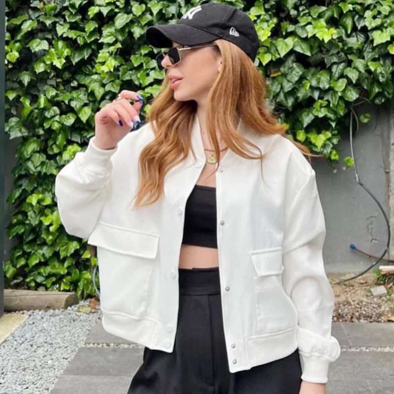 TRAF Women's Bomber Jacket Crop Black Off White Outerwears Spring 2025 New In Coats Aviator Varsity Button Long Sleeve Coat 066