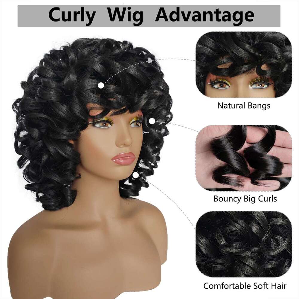 KEAT Women 14" Short Kinky Wig with Bangs Afro Black Curly for African American Cute Natural Synthtic Soft Wigs K001BK