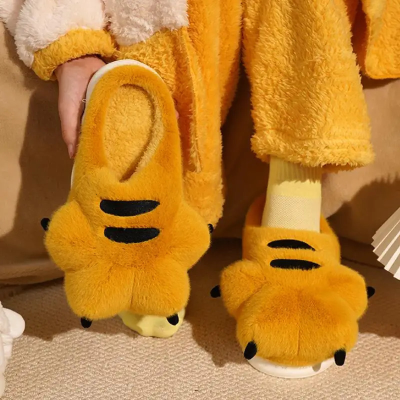 Cute Cartoon Fluffy Slippers For Women Men Winter Warm Shoes Soft Plush Big Paw Anti-slip Couples Indoor Home Cotton Slipper 251129